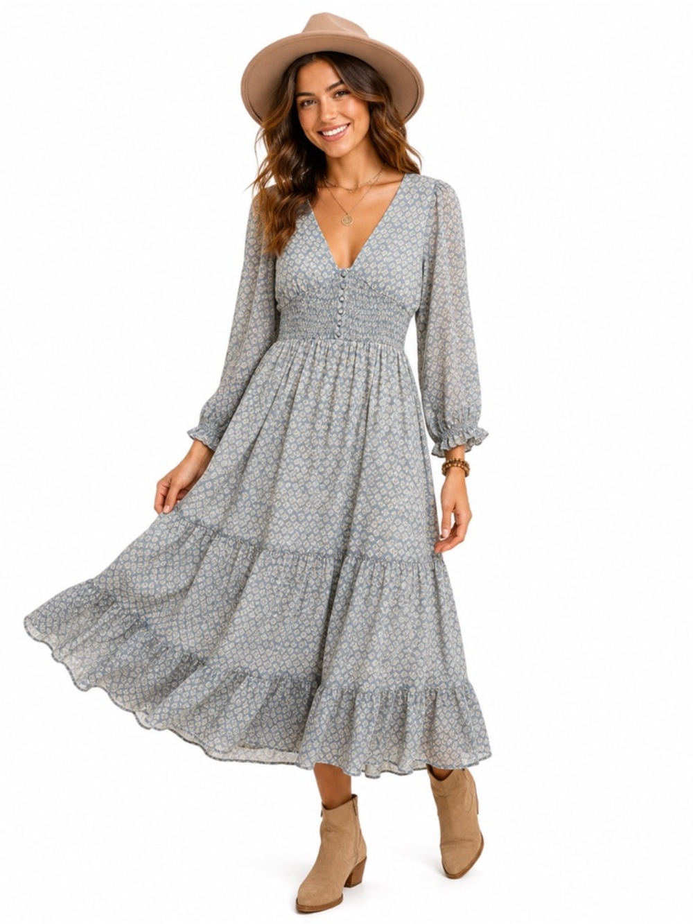 Patrons of Peace Smocked Maxi Dress M Boho Prairie New Romantic Long Sleeve